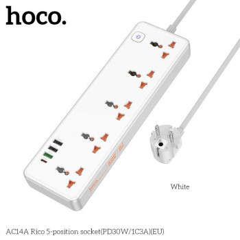 Hoco AC14A Rico 5-position socket, PD30W + USB QC3.0 18w + 2USB 5V3A, 2500w, 1.5m, white