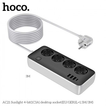 Hoco AC21 Sunlight 4-bit desktop socket (1C3A), AC 2500w, 3m, white