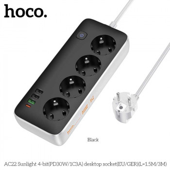 Hoco AC22 Sunlight 4-bit desktop socket EU, PD30W + USB QC3.0 18w + 2USB 5V3A, 2500w, 3m, black