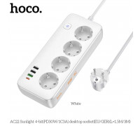Hoco AC22 Sunlight 4-bit desktop socket EU, PD30W + USB QC3.0 18w + 2USB 5V3A, 2500w, 1.5m, white