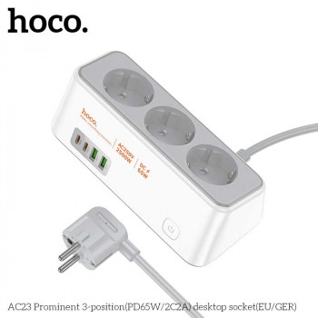 Hoco AC23 Prominent 3-position socket 2C2A EU, PD65W + USB QC3.0 18w, 2500w, 2m, white