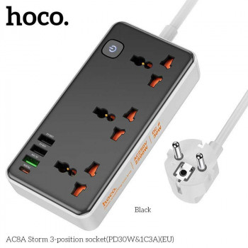 Hoco AC8A Storm 3-position socket, PD30W + USB QC3.0 18w + 2USB 5V3A, 2500w, 1.5m, black