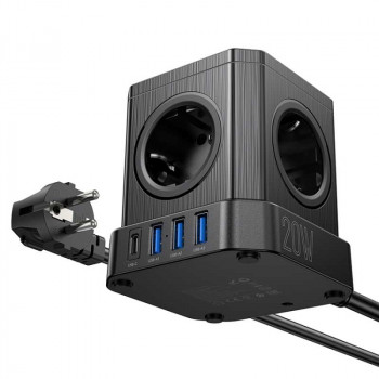 Hoco NS8 Sharp 5-position 1C3A desktop socket, 5xAC + 3USB 5V2.4A + PD20W, AC 4000W, 2m, black
