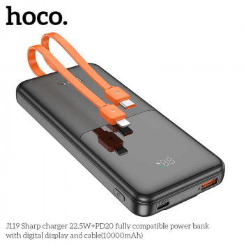 Hoco J119 Sharp 10000mah Power Bank, QC3.0, PD20w, SCP22.5w, LED, build-in C&L cables, black