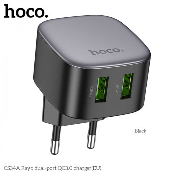 Hoco CS34A Rayo dual-port charger (EU), 2USB, QC3.0 18w, black