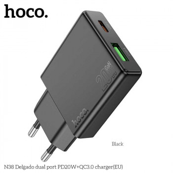 Hoco N38 Delgado dual port PD20w + QC3.0 charger (EU), black