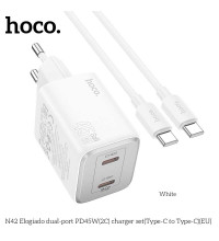 Hoco N42 Elogiado PD45w dual port (C+C) charger (EU) set, кабель USB-C to USB-C,  white