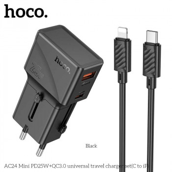 Hoco AC24 Mini PD25W+QC3.0 universal travel charger (C+U) set, C to iP cable, black