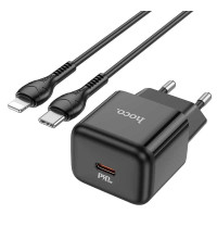 Hoco N32 Glory PD30w single port charger set (EU), кабель USB-C to Lightning, black