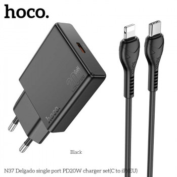 Hoco N37 Delgado single port PD20w charger set (EU), кабель USB-C to Lightning, black