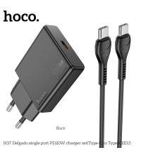 Hoco N37 Delgado single port PD20w charger set (EU), кабель USB-C to USB-C, black