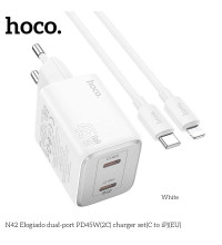 Hoco N42 Elogiado PD45w dual port (C+C) charger (EU) set, кабель USB-C to Lightning, white