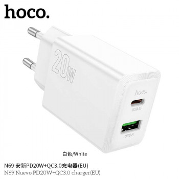 Hoco N69 Nuevo PD20w + QC3.0 dual port charger (EU), white