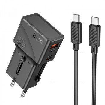 Hoco AC24 Mini PD25W+QC3.0 universal travel charger (C+U) set, C to C cable, black