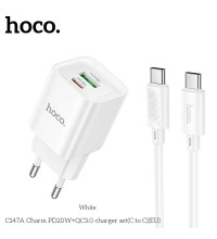Hoco C147A Charm dual port (1C1U) PD20w Charger Set (EU) (C to C) white