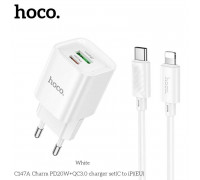 Hoco C147A Charm dual port (1C1U) PD20w Charger Set (EU) (C to L) white
