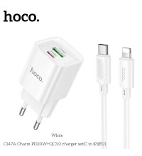 Hoco C147A Charm dual port (1C1U) PD20w Charger Set (EU) (C to L) white