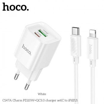 Hoco C147A Charm dual port (1C1U) PD20w Charger Set (EU) (C to L) white