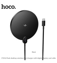 Hoco CW62 Peak 15w Wireless Fast Charger with digital display and cable, black