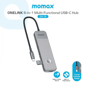 Momax OneLink 8-in-1 USB-C hub (DH18L), Type-C to HDMI 4K60Hz+2xUSB3.2+TF/SD+UCB-C data+PD100w+RJ45