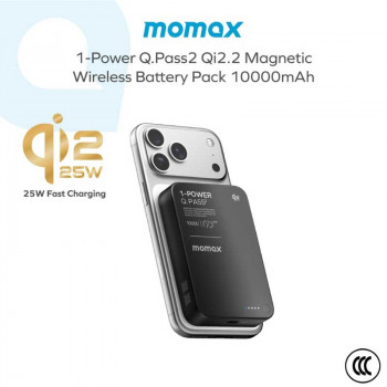 Momax 1-Power Q.Pass2 10000mAh Magnetic Wireless Battery Pack, 18mm, PD30w, Qi 25w (IP168Q22) black
