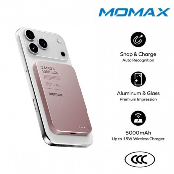 Momax qMAG X 5000mAh Magnetic Wireless Battery Pack, 8.3mm, PD20w, Qi 15w (IP116A) pink