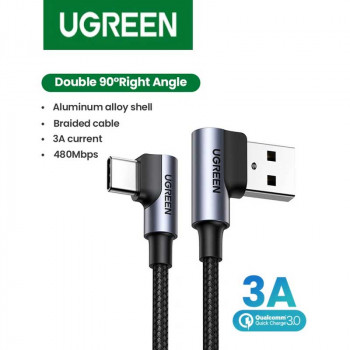 Ugreen USB-A to USB-C 90 Degree Fast Charging Cable, Type-C, угловой, 3A, 1m, US176, 20856, black