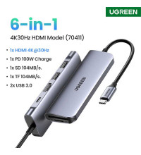 Ugreen USB-C Adapter 6-in-1, 2xUSB3.0+TF/SD+HDMI2.0 4K@30Hz+PD 100w (gray)  70411
