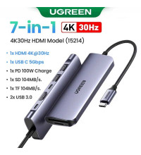 Ugreen USB-C Adapter 7-in-1 CM195, PD100w+2xUSB3.0+TF/SD 104MBs+HDMI 4K30Hz+ USB-C 5gbps, 15214