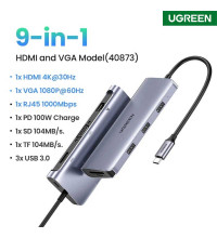 Ugreen USB-C Adapter 9-in-1, PD100w+3xUSB3.0+TF/SD+HDMI2.0 30Hz+ RJ45+VGA (40873)