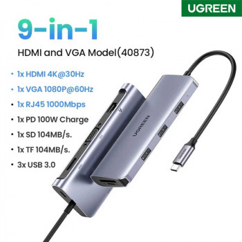 Ugreen USB-C Adapter 9-in-1, PD100w+3xUSB3.0+TF/SD+HDMI2.0 30Hz+ RJ45+VGA (40873)