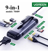 Ugreen USB-C Adapter 9-in-1, PD100w+3xUSB3.0+TF/SD+HDMI2.0 30Hz+ RJ45+VGA (70409)
