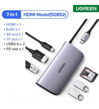 Ugreen USB-C Adapter 7-in-1, PD100w+2xUSB3.0+TF/SD+HDMI2.0 30Hz+ RJ45 (gray)  50852