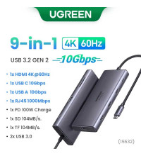 Ugreen USB-C Adapter 9-in-1, PD100w+2xUSB3.0+USB 3.1+TF/SD+HDMI2.0 60Hz+ RJ45+USB-C 10gbps, 15532