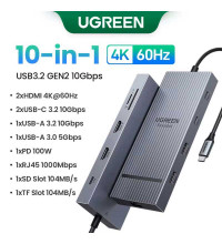Ugreen USB-C Adapter 10-in-1 CM866, PD100w+2xUSB3.2+2USB-C+TF/SD+2HDMI2.0 60Hz+ RJ45 1Gbps (45366)