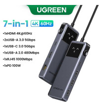 Ugreen Uno USB-C Adapter 7-in-1, PD100w+2xUSB3.0+1xUSB2.0+HDMI2.0 60Hz+ RJ45 + USB-C (gray)  45155