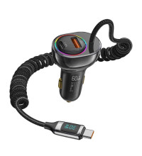 Usams C37 PD 60w A+C Fast Car Charger with PD30W Type-C Spring Cable 1.2m, LED (US-CC192) чёрный