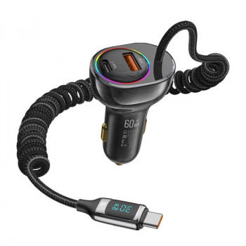 Usams C37 PD 60w A+C Fast Car Charger with PD30W Type-C Spring Cable 1.2m, LED (US-CC192) чёрный